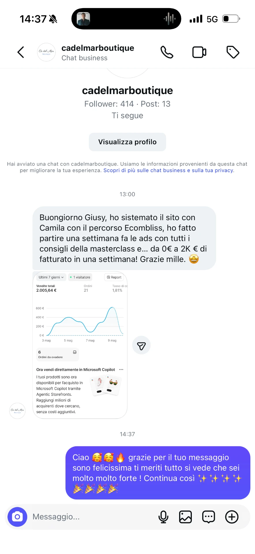 Screenshot di una testimonianza di una cliente di Giusy Guida