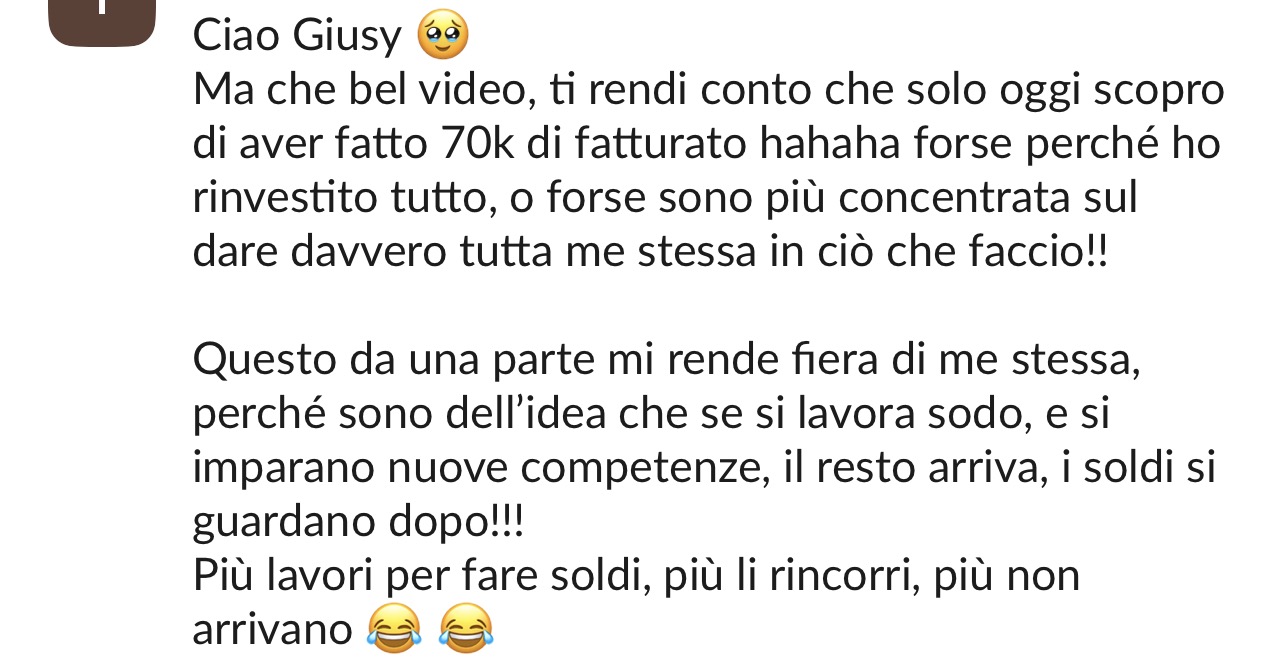 Screenshot di una testimonianza di una cliente di Giusy Guida