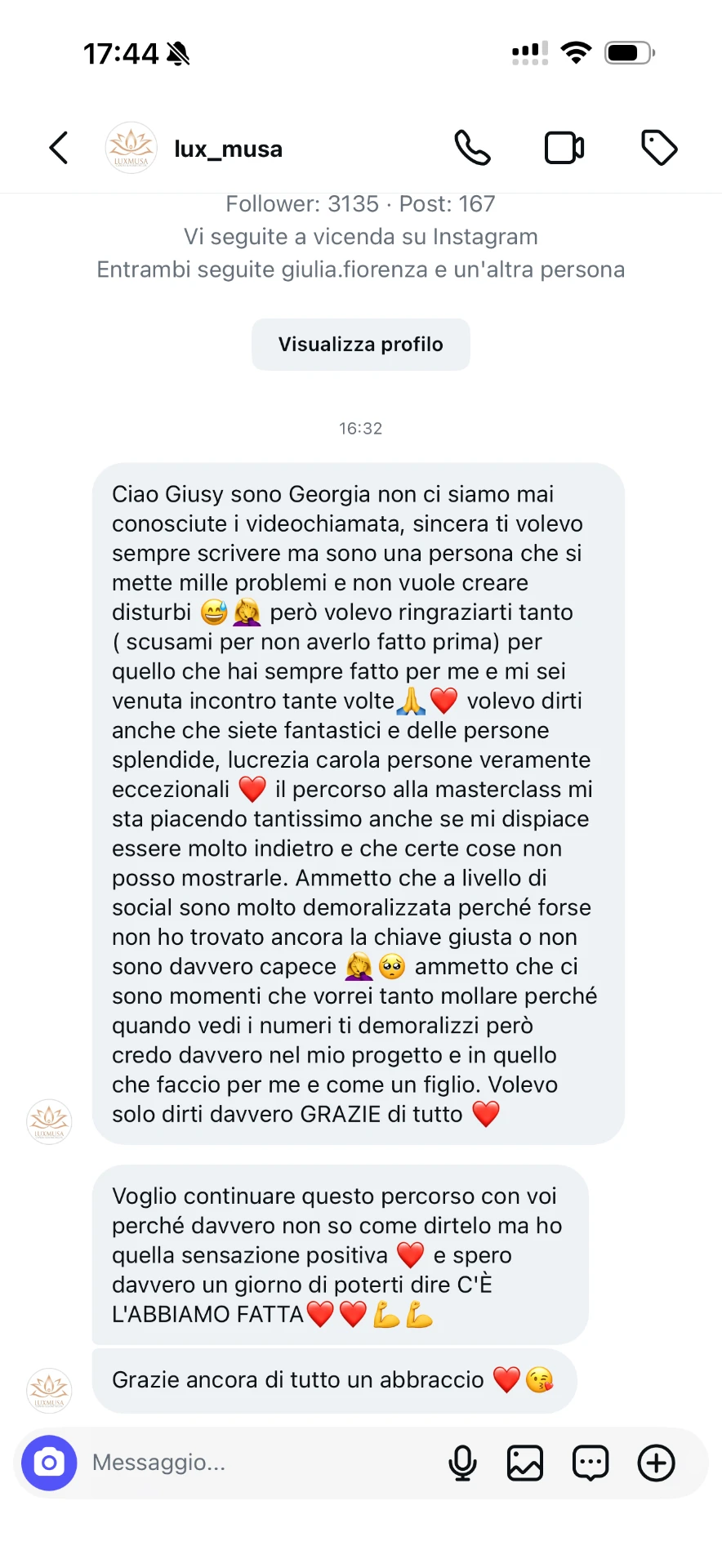 Screenshot di una testimonianza di una cliente di Giusy Guida