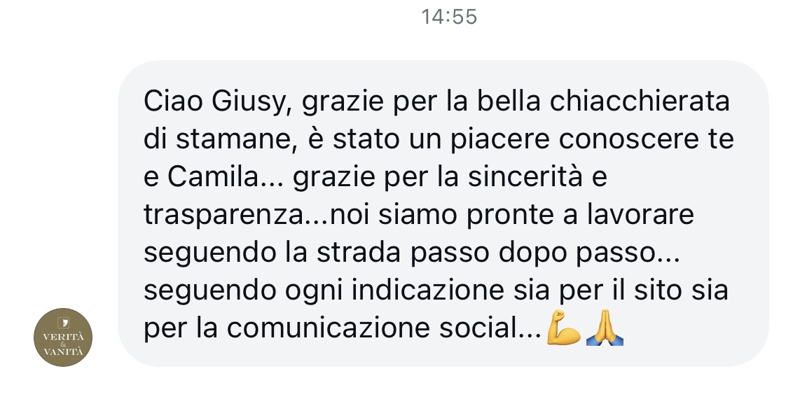 Screenshot di una testimonianza di una cliente di Giusy Guida